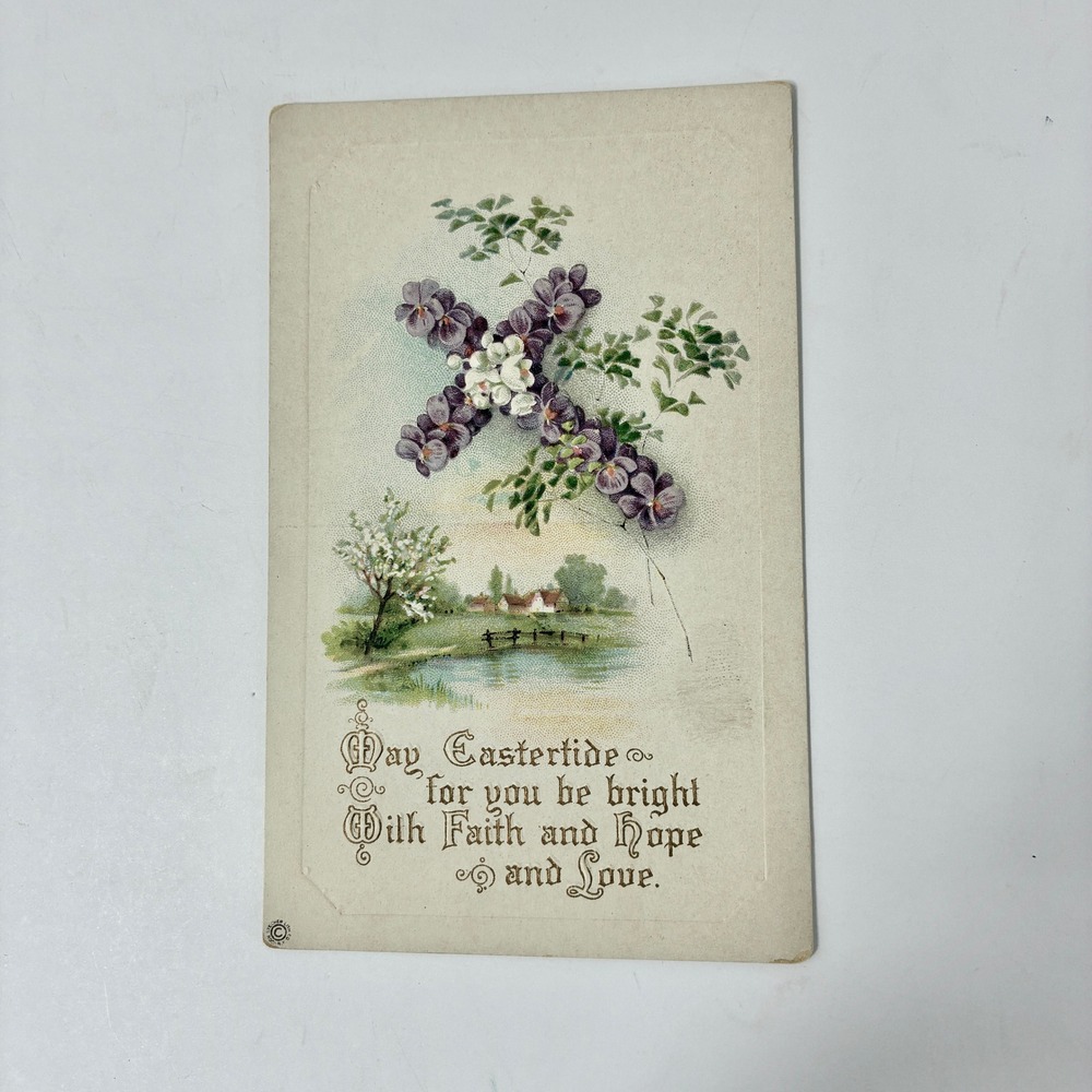 Antique Easter Postcard Embossed Floral Cross Violets Landscape Series 9 A USA